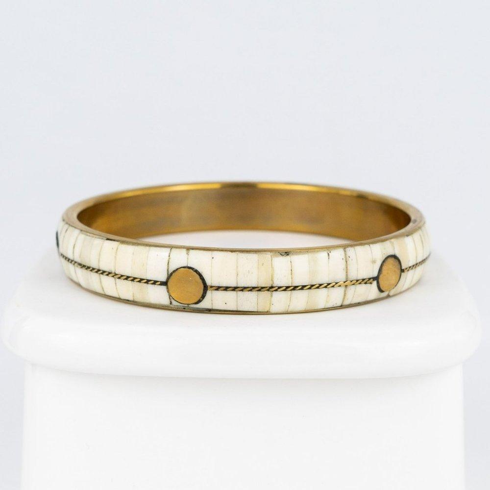 COPY - Brass Inlaid Bone Bangle Bracelet Panel Rectangle Off-White Circles Conv…